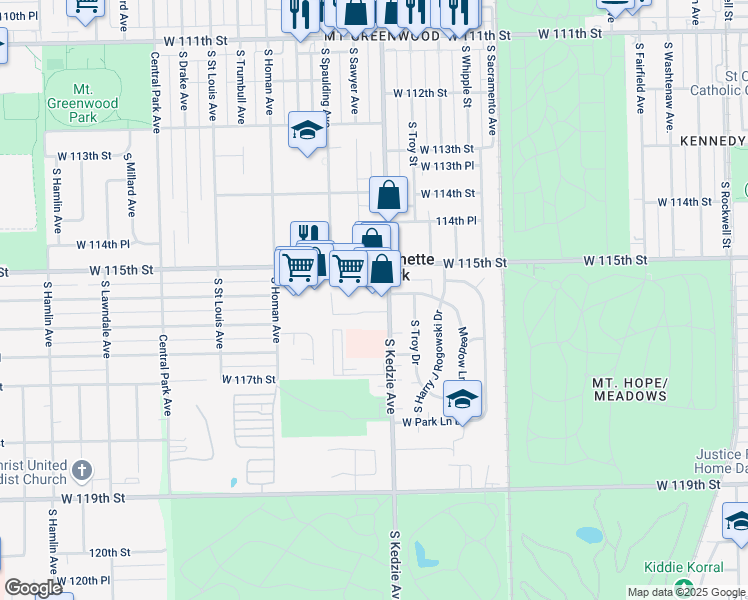 map of restaurants, bars, coffee shops, grocery stores, and more near 3243 West 115th Street in Merrionette Park