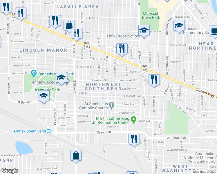 map of restaurants, bars, coffee shops, grocery stores, and more near 616 North Johnson Street in South Bend