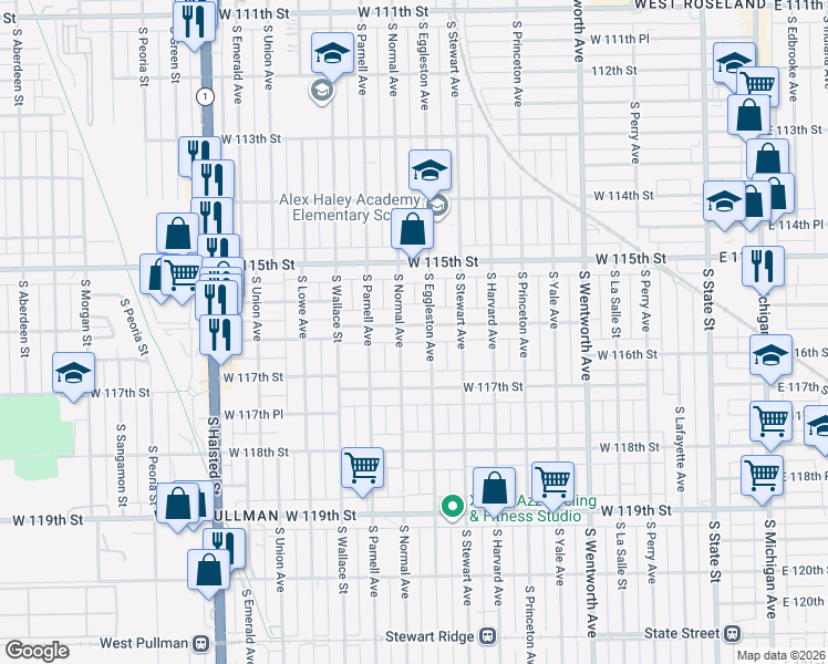 map of restaurants, bars, coffee shops, grocery stores, and more near 447 West 116th Street in Chicago