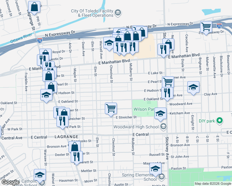 map of restaurants, bars, coffee shops, grocery stores, and more near in Toledo