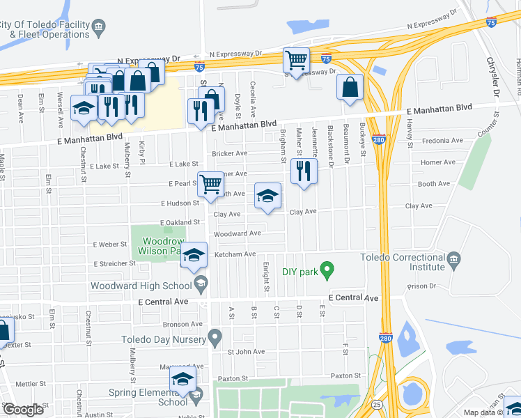 map of restaurants, bars, coffee shops, grocery stores, and more near 1011 Clay Avenue in Toledo