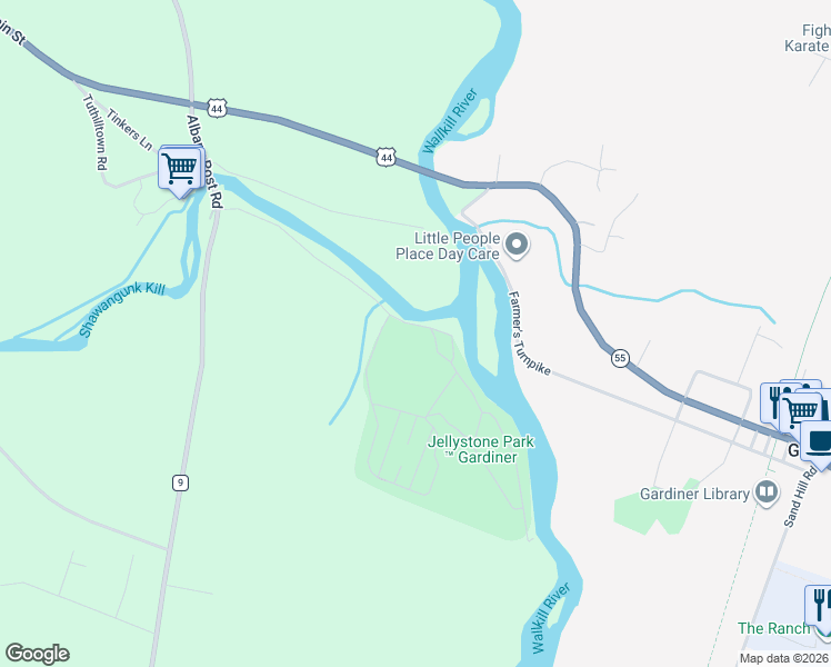 map of restaurants, bars, coffee shops, grocery stores, and more near 46 Bevier Road in Gardiner