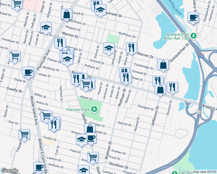 map of restaurants, bars, coffee shops, grocery stores, and more near 424 Jackson Street in Fall River