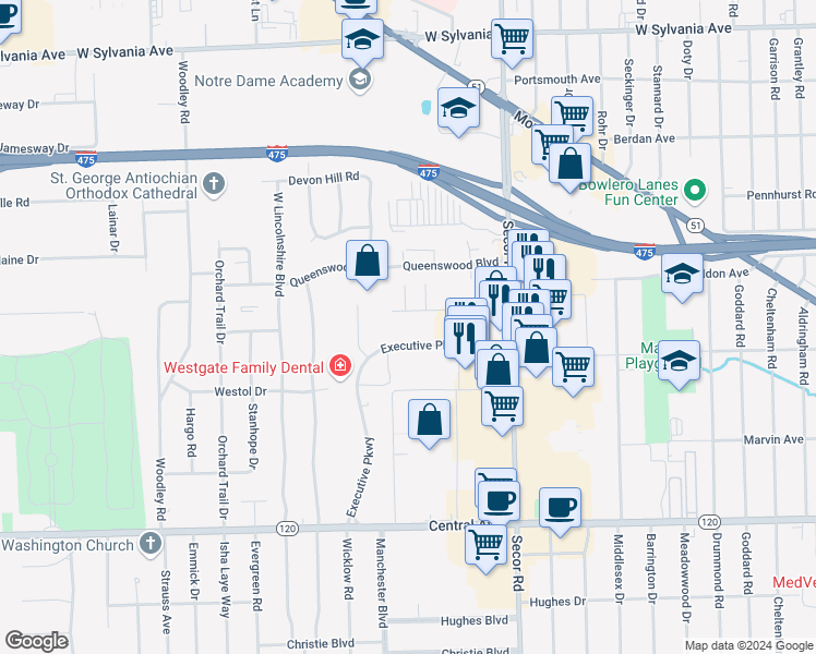 map of restaurants, bars, coffee shops, grocery stores, and more near 3517 Executive Parkway in Toledo
