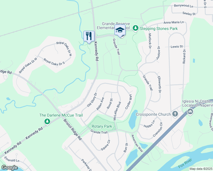 map of restaurants, bars, coffee shops, grocery stores, and more near 2954 Old Glory Drive in Yorkville