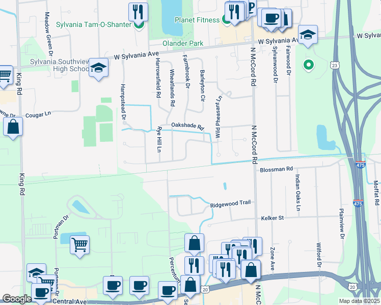 map of restaurants, bars, coffee shops, grocery stores, and more near 6939 Ramblehurst Road in Sylvania