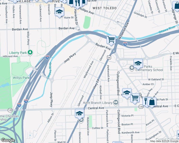 map of restaurants, bars, coffee shops, grocery stores, and more near 3320 Maplewood Avenue in Toledo