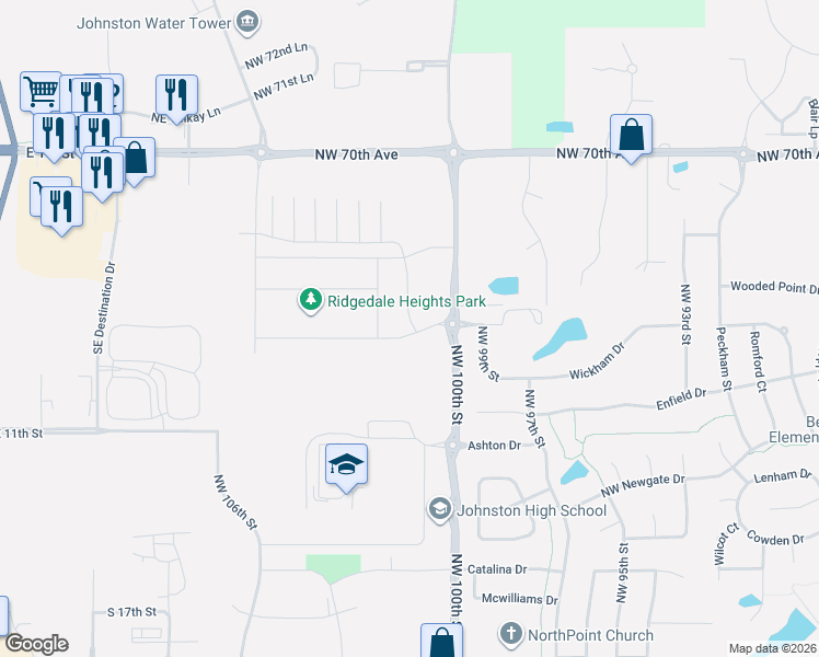 map of restaurants, bars, coffee shops, grocery stores, and more near 9909 Northwest 68th Avenue in Johnston