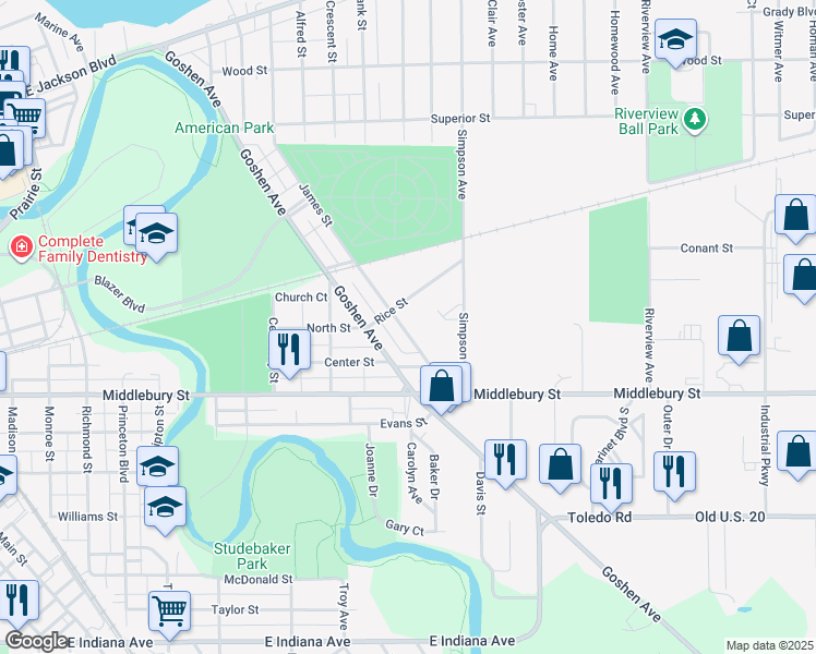 map of restaurants, bars, coffee shops, grocery stores, and more near 620 James Street in Elkhart