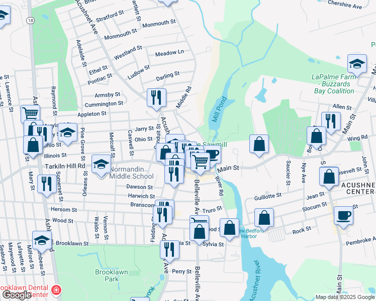 map of restaurants, bars, coffee shops, grocery stores, and more near 987 Belleville Avenue in New Bedford