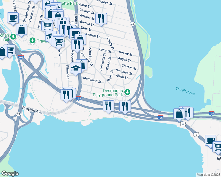 map of restaurants, bars, coffee shops, grocery stores, and more near 2113 Pleasant Street in Fall River