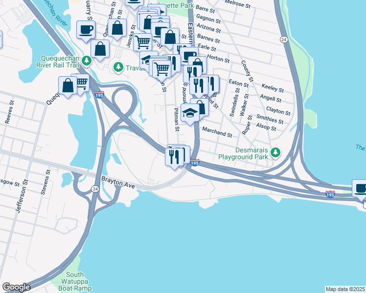 map of restaurants, bars, coffee shops, grocery stores, and more near 284 Pitman Street in Fall River