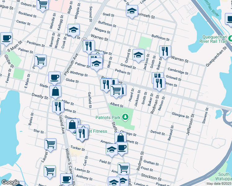 map of restaurants, bars, coffee shops, grocery stores, and more near 341 South Oxford Street in Fall River