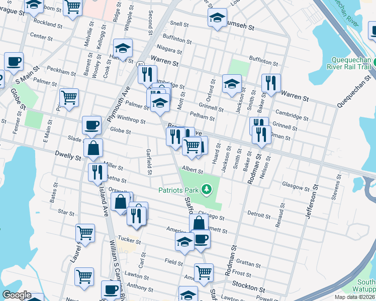 map of restaurants, bars, coffee shops, grocery stores, and more near 341 South Oxford Street in Fall River