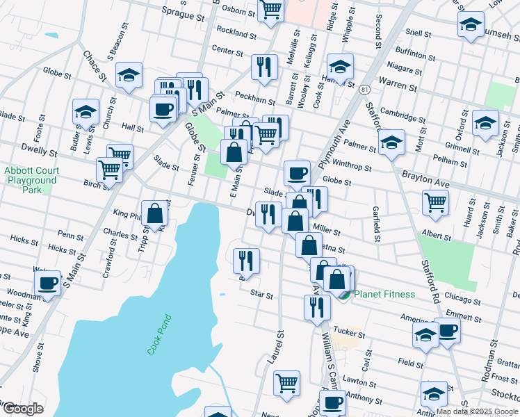 map of restaurants, bars, coffee shops, grocery stores, and more near 367 Vale Street in Fall River