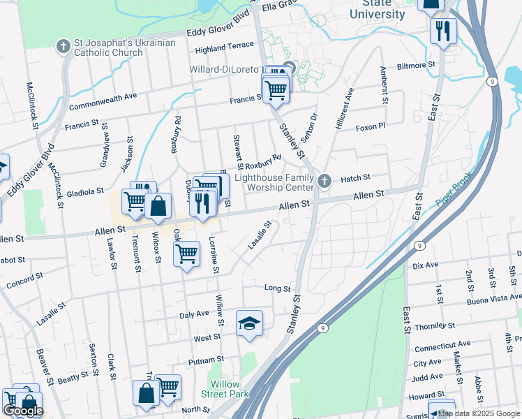 map of restaurants, bars, coffee shops, grocery stores, and more near 460 Allen Street in New Britain