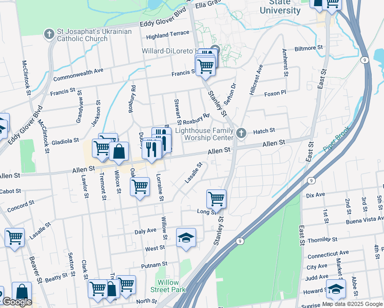 map of restaurants, bars, coffee shops, grocery stores, and more near 460 Allen Street in New Britain
