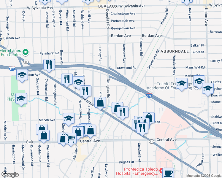 map of restaurants, bars, coffee shops, grocery stores, and more near 3437 Douglas Road in Toledo