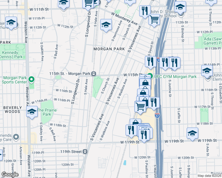 map of restaurants, bars, coffee shops, grocery stores, and more near 11602 South Vincennes Avenue in Chicago