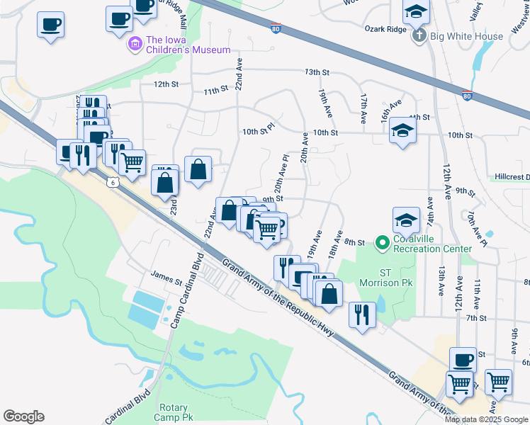map of restaurants, bars, coffee shops, grocery stores, and more near 2028 9th Street in Coralville