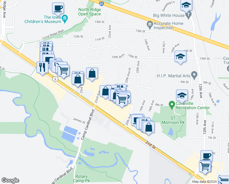 map of restaurants, bars, coffee shops, grocery stores, and more near 2040 9th Street in Coralville