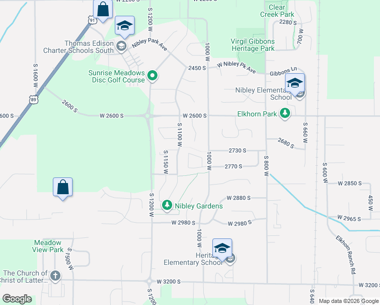 map of restaurants, bars, coffee shops, grocery stores, and more near 1065 West 2740 South Sunset Park in Nibley