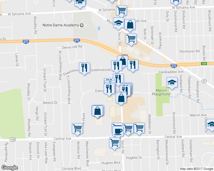 map of restaurants, bars, coffee shops, grocery stores, and more near 3535 Executive Pkwy in Toledo