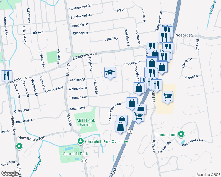 map of restaurants, bars, coffee shops, grocery stores, and more near 160 Superior Avenue in Newington