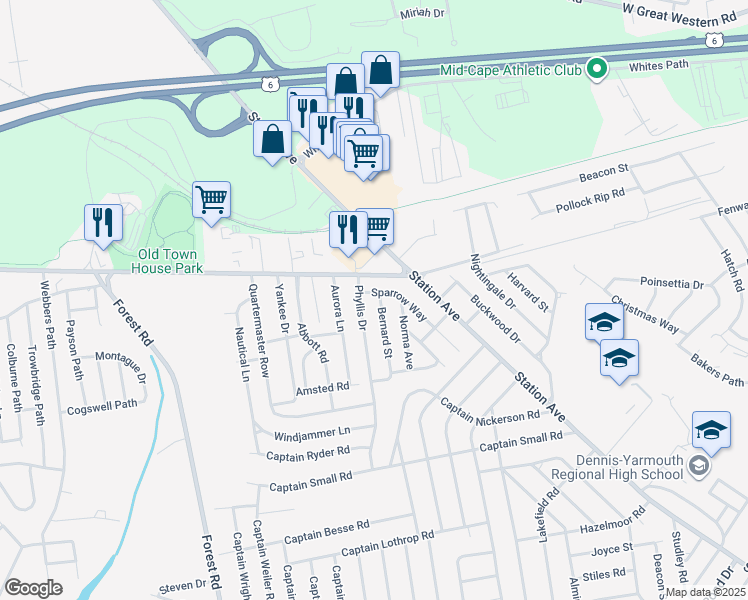 map of restaurants, bars, coffee shops, grocery stores, and more near 60 Sparrow Way in Yarmouth