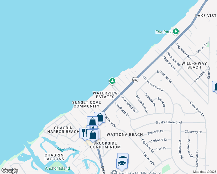 map of restaurants, bars, coffee shops, grocery stores, and more near 37 Pinehurst Boulevard in Eastlake