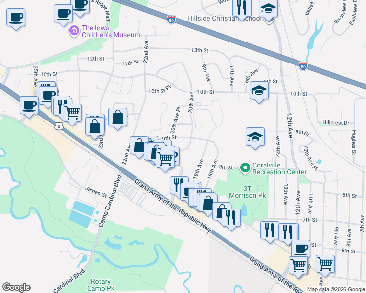 map of restaurants, bars, coffee shops, grocery stores, and more near 826 20th Avenue in Coralville