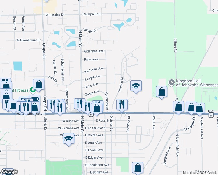 map of restaurants, bars, coffee shops, grocery stores, and more near 2429-2499 Normandy Dr in Mishawaka