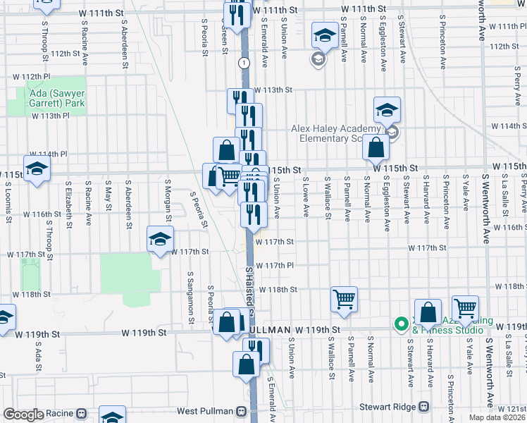 map of restaurants, bars, coffee shops, grocery stores, and more near 721 West 116th Street in Chicago