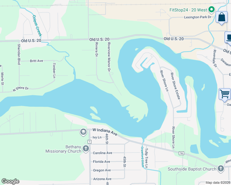map of restaurants, bars, coffee shops, grocery stores, and more near 55809 Riverview Manor Drive in Elkhart