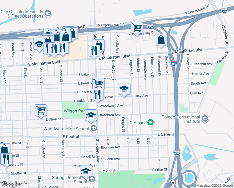 map of restaurants, bars, coffee shops, grocery stores, and more near 1001 Clay Avenue in Toledo