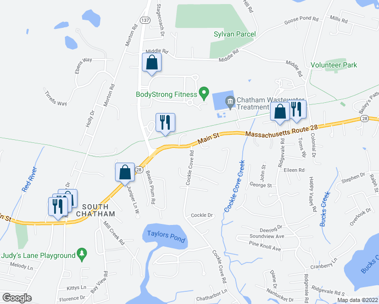 map of restaurants, bars, coffee shops, grocery stores, and more near in Chatham