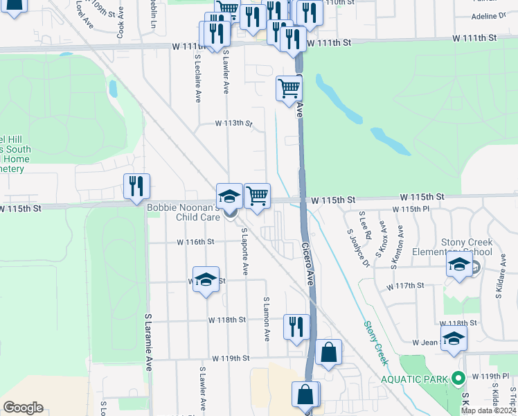 map of restaurants, bars, coffee shops, grocery stores, and more near 4855 W 115th St in Alsip