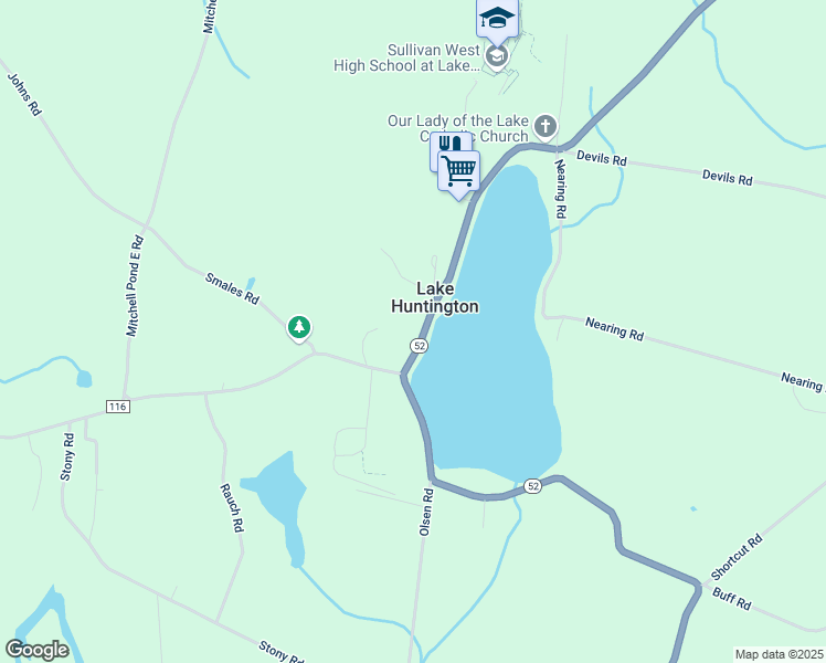map of restaurants, bars, coffee shops, grocery stores, and more near 6692 New York 52 in Lake Huntington