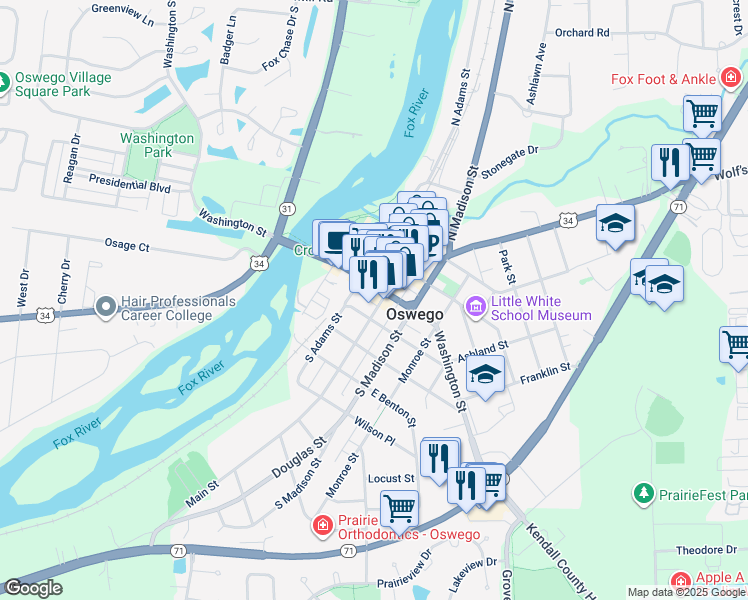 map of restaurants, bars, coffee shops, grocery stores, and more near 103 Main Street in Oswego