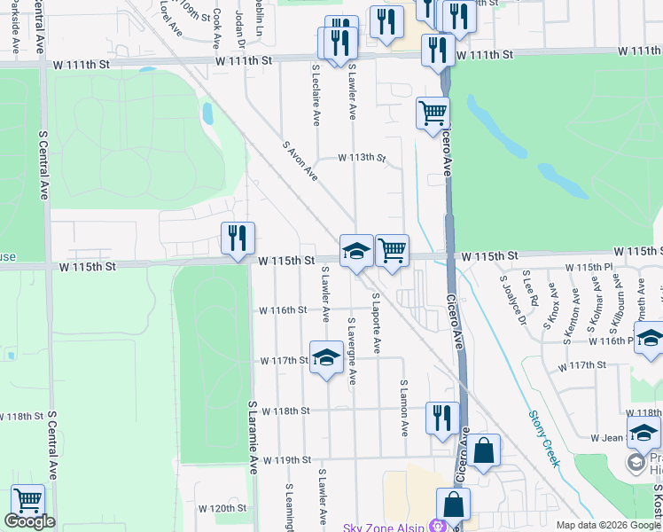 map of restaurants, bars, coffee shops, grocery stores, and more near 11501 South Lawler Avenue in Alsip