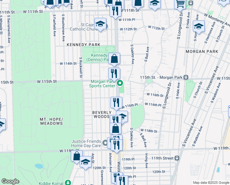 map of restaurants, bars, coffee shops, grocery stores, and more near 11532 South Western Avenue in Chicago