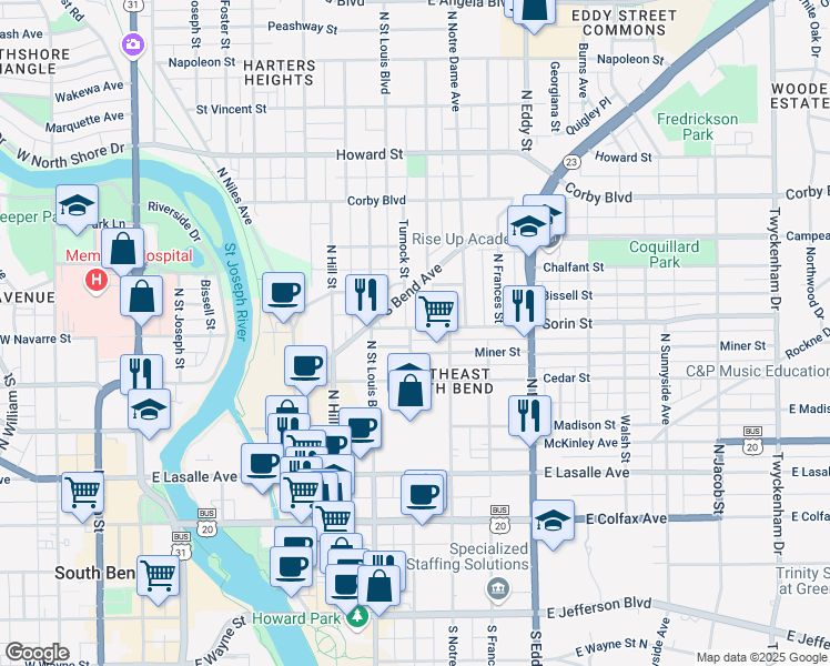 map of restaurants, bars, coffee shops, grocery stores, and more near 802 East Sorin Street in South Bend