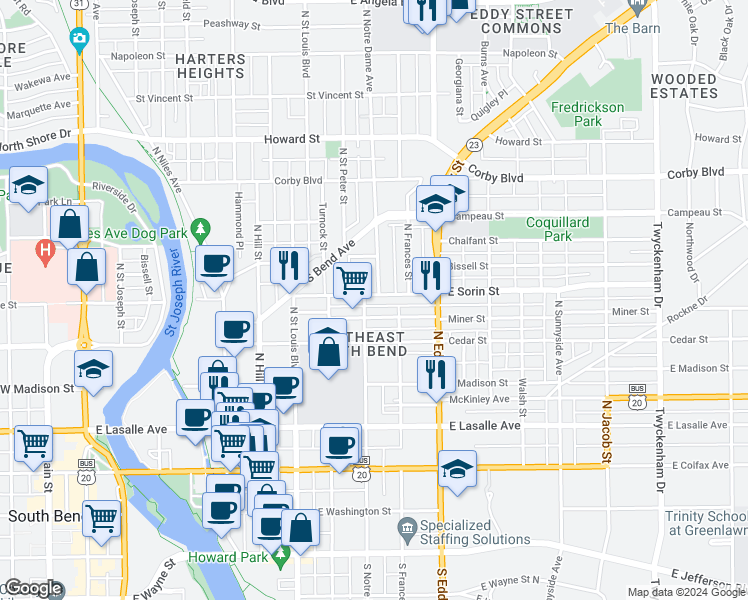 map of restaurants, bars, coffee shops, grocery stores, and more near 908 East Sorin Street in South Bend