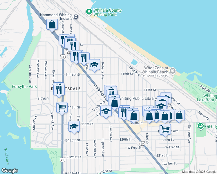 map of restaurants, bars, coffee shops, grocery stores, and more near 1635 Roberts Avenue in Whiting