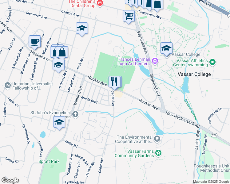 map of restaurants, bars, coffee shops, grocery stores, and more near 347 Hooker Avenue in Poughkeepsie