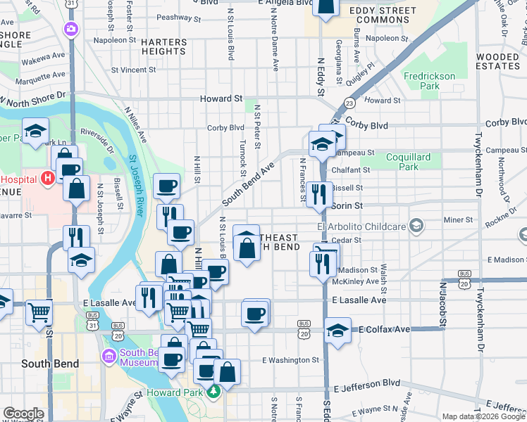 map of restaurants, bars, coffee shops, grocery stores, and more near 828 East Sorin Street in South Bend