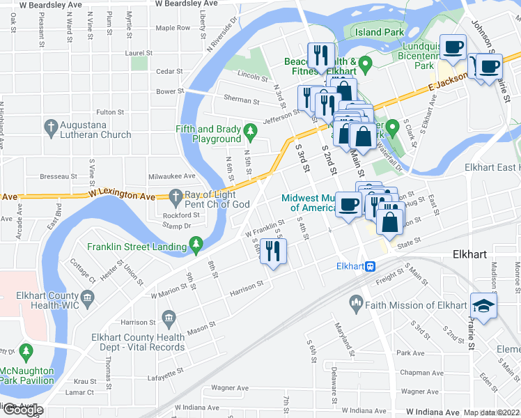 map of restaurants, bars, coffee shops, grocery stores, and more near 509 West High Street in Elkhart