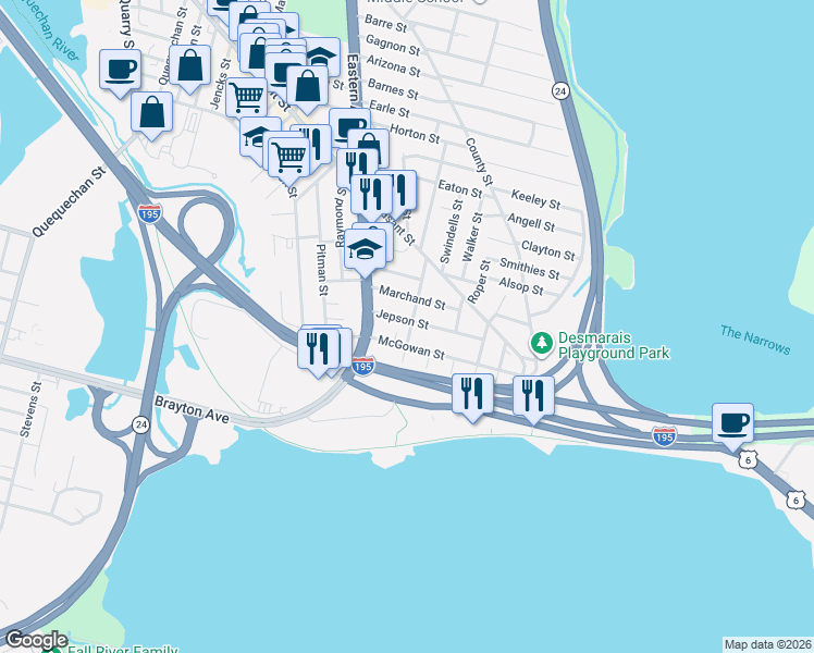map of restaurants, bars, coffee shops, grocery stores, and more near 73 Jepson Street in Fall River