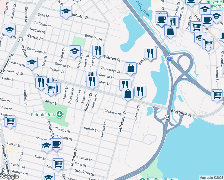 map of restaurants, bars, coffee shops, grocery stores, and more near 25 Aberdeen Street in Fall River