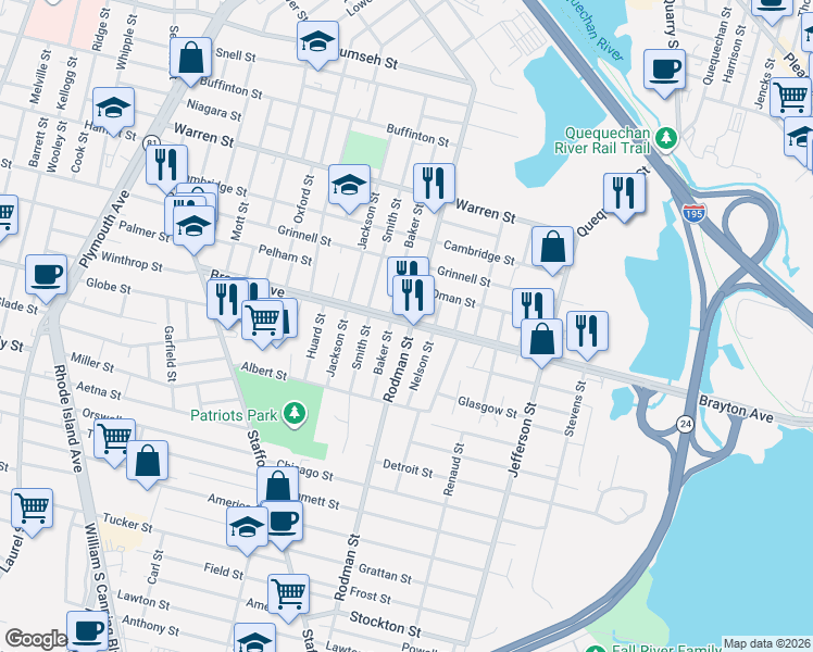 map of restaurants, bars, coffee shops, grocery stores, and more near 492 Brayton Avenue in Fall River